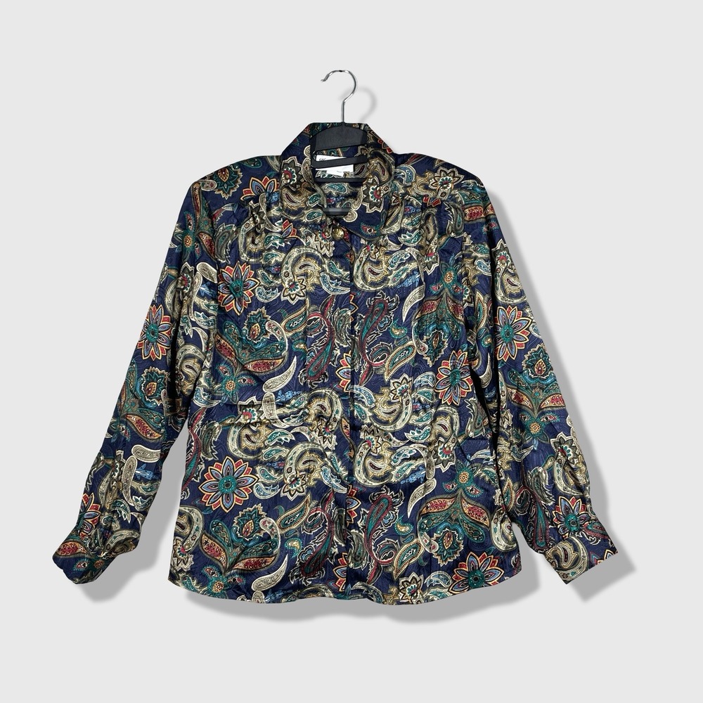 Heritage Road Button Up Blouse Womens 12 Navy Blue Paisley Vintage Maximalist